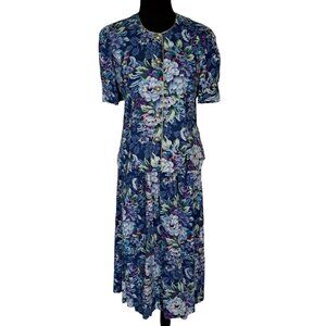 VTG Jessica Howard Floral 2PC Skirt Suit Blue Green Full Length Short Sleeve 12